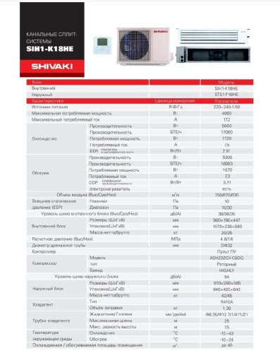 Канальный сплит система SHIVAKI (внутренний блок) SIH1-K18HE